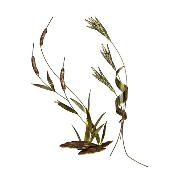 MCM Vintage Metal Wall Sculpture | Cattails & Reeds Brass Copper Tone 29" - Picture 1 of 6